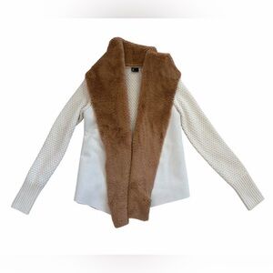 Women's Love Token Drape Open Faux Fur Brown Lined Cardigan Sweater Ivory Small